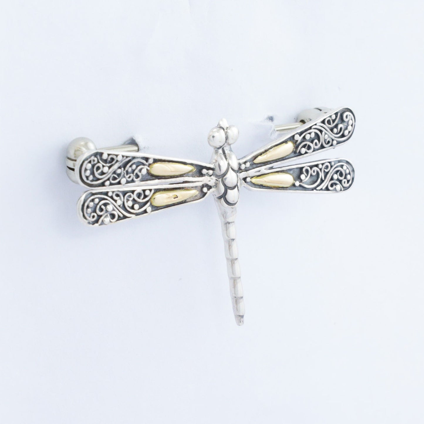 Dragonfly brooch 925 sterling silver and 18K yellow gold decorated with detailed filigree