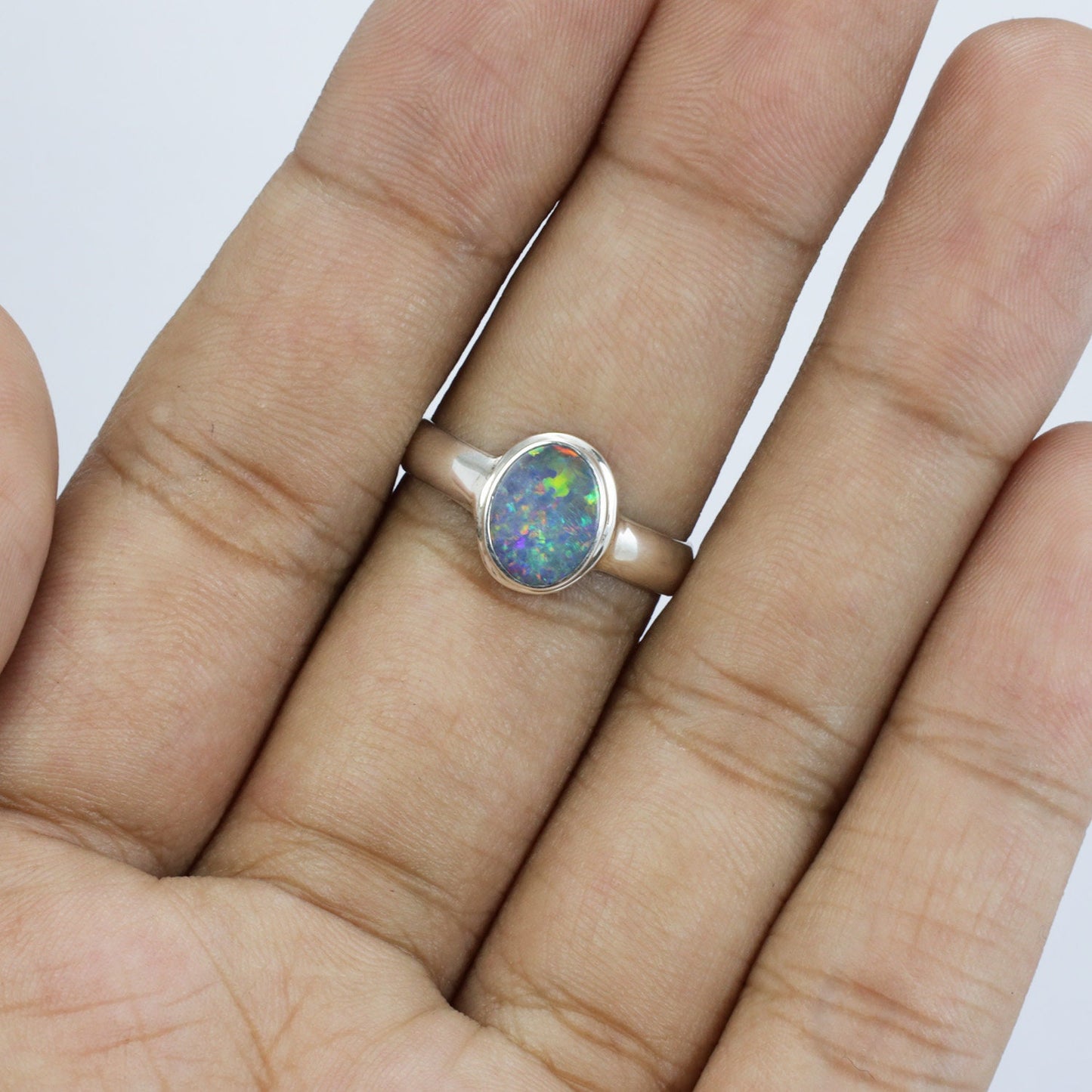 Australian opal ring 925 sterling silver double bezel set and high polish finishing