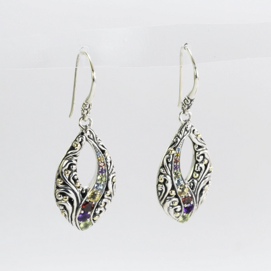 Multi stone drop earrings 925 sterling silver decorated with 18K real gold and swirl filigree art