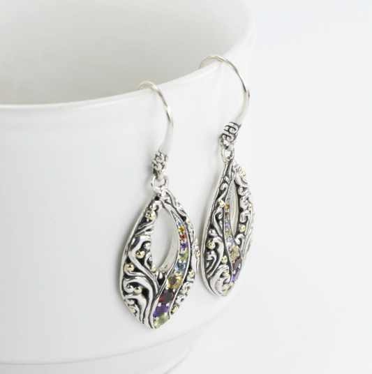 Multi stone drop earrings 925 sterling silver decorated with 18K real gold and swirl filigree art