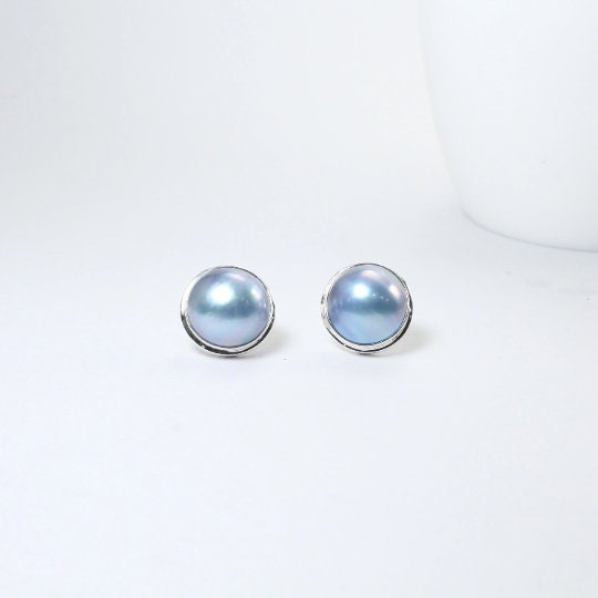 Blue mabe pearl earrings stud 925 sterling silver handmade bezel set 15 mm large