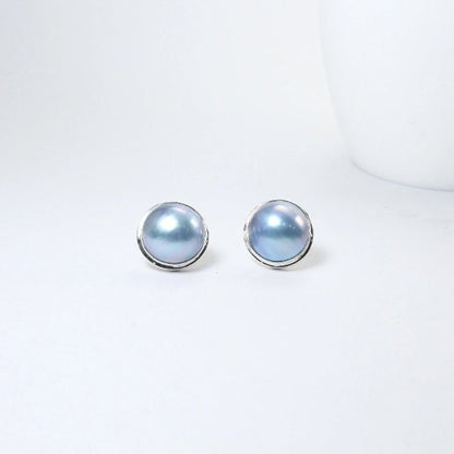 Blue mabe pearl earrings stud 925 sterling silver handmade bezel set 15 mm large