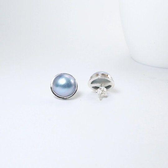 Blue mabe pearl earrings stud 925 sterling silver handmade bezel set 15 mm large
