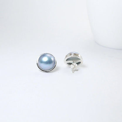 Blue mabe pearl earrings stud 925 sterling silver handmade bezel set 15 mm large