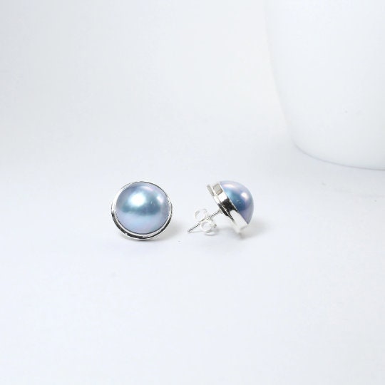 Blue mabe pearl earrings stud 925 sterling silver handmade bezel set 15 mm large