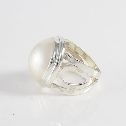 Bali Handmade band split shank ring design in 925 sterling silver with genuine white  Pacific Ocean mabe pearl, 16 MM white mabe pearl ring,
