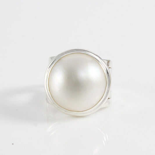 Bali Handmade band split shank ring design in 925 sterling silver with genuine white  Pacific Ocean mabe pearl, 16 MM white mabe pearl ring,