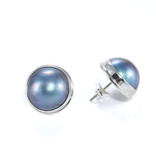 Blue mabe pearl earrings stud 925 sterling silver handmade bezel set 15 mm large
