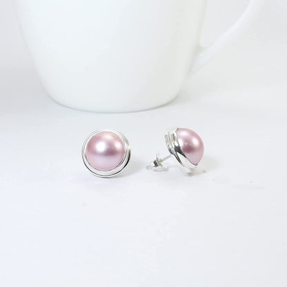 pink mabe pearl earrings stud Round 13 mm set in handmade double bezel 925 sterling silver