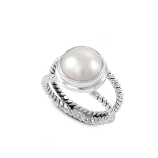 Cable band split shank ring design in 925 sterling silver with genuine white  Pacific Ocean mabe pearl, 10 MM white mabe pearl ring,