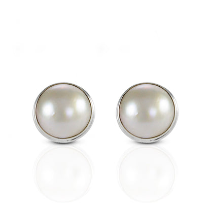 mabe pearl earrings stud set in double bezel handmade 925 sterling silver with omega closure