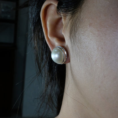 mabe pearl earrings stud set in double bezel handmade 925 sterling silver with omega closure