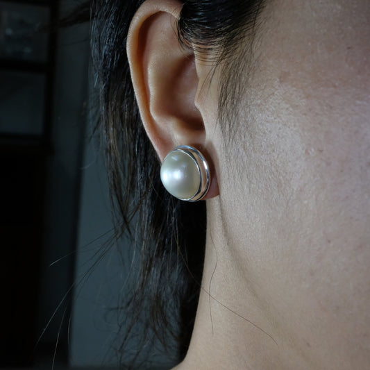 mabe pearl earrings stud set in double bezel handmade 925 sterling silver with omega closure