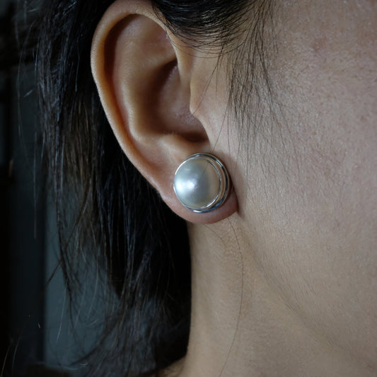 Genuine Round 15 mm White Mabe Pearl stud earrings double bezel set in handmade 925 sterling silver