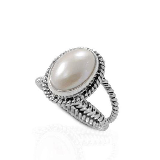 Cable band split shank ring design in 925 sterling silver with genuine white  Pacific Ocean mabe pearl, 10*14 MM oval white mabe pearl ring,