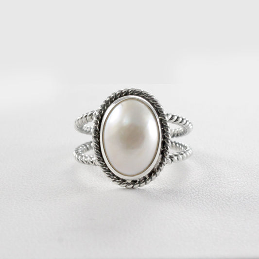 Cable band split shank ring design in 925 sterling silver with genuine white  Pacific Ocean mabe pearl, 10*14 MM oval white mabe pearl ring,