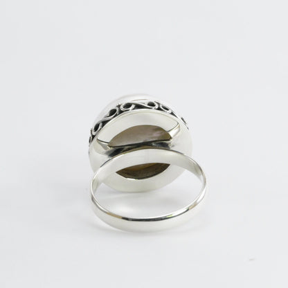 Handmade bezel set ring design 925 sterling silver with 14 mm genuine cultured white round mabe pearl decorated with swirl filigree edge,