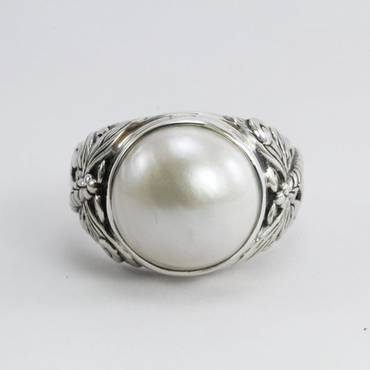 Natural round mabe pearl ring set in 925 sterling silver decorated with Dragonfly filigree art, 14 mm round mabe pearl wide band ring