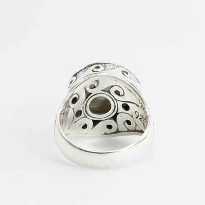Bali Handmade ring 925 sterling silver with bezel set genuine 13 mm white mabe pearl decorated with beautiful sea wave art carving