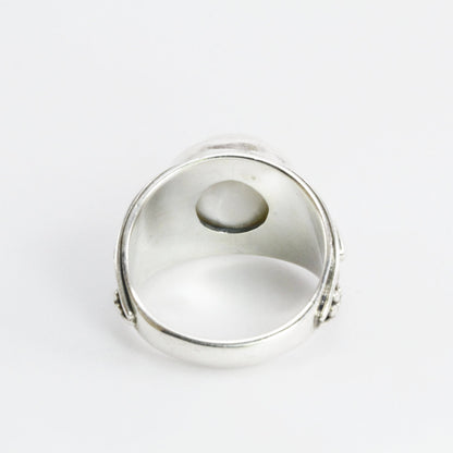 LUX white Mabe pearl ring decorated with handmade filigree and formed blue opal set in 925 sterling silver, 12 mm mabe pearl ring