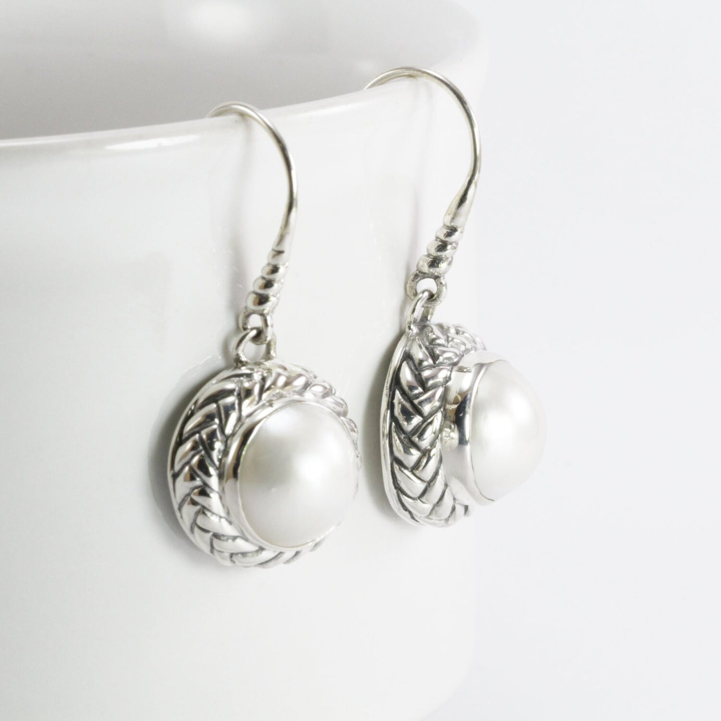 Beautiful white mabe pearl dangle drop earrings set in handmade woven edge carving art 925 sterling silver