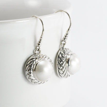 Beautiful white mabe pearl dangle drop earrings set in handmade woven edge carving art 925 sterling silver