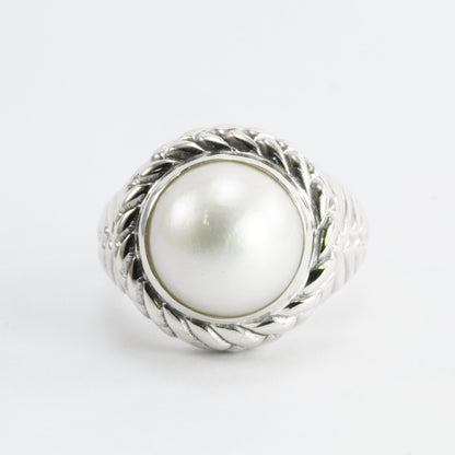 Bali Handmade ring 925 sterling silver with bezel set genuine 13 mm white mabe pearl decorated with beautiful woven art carving
