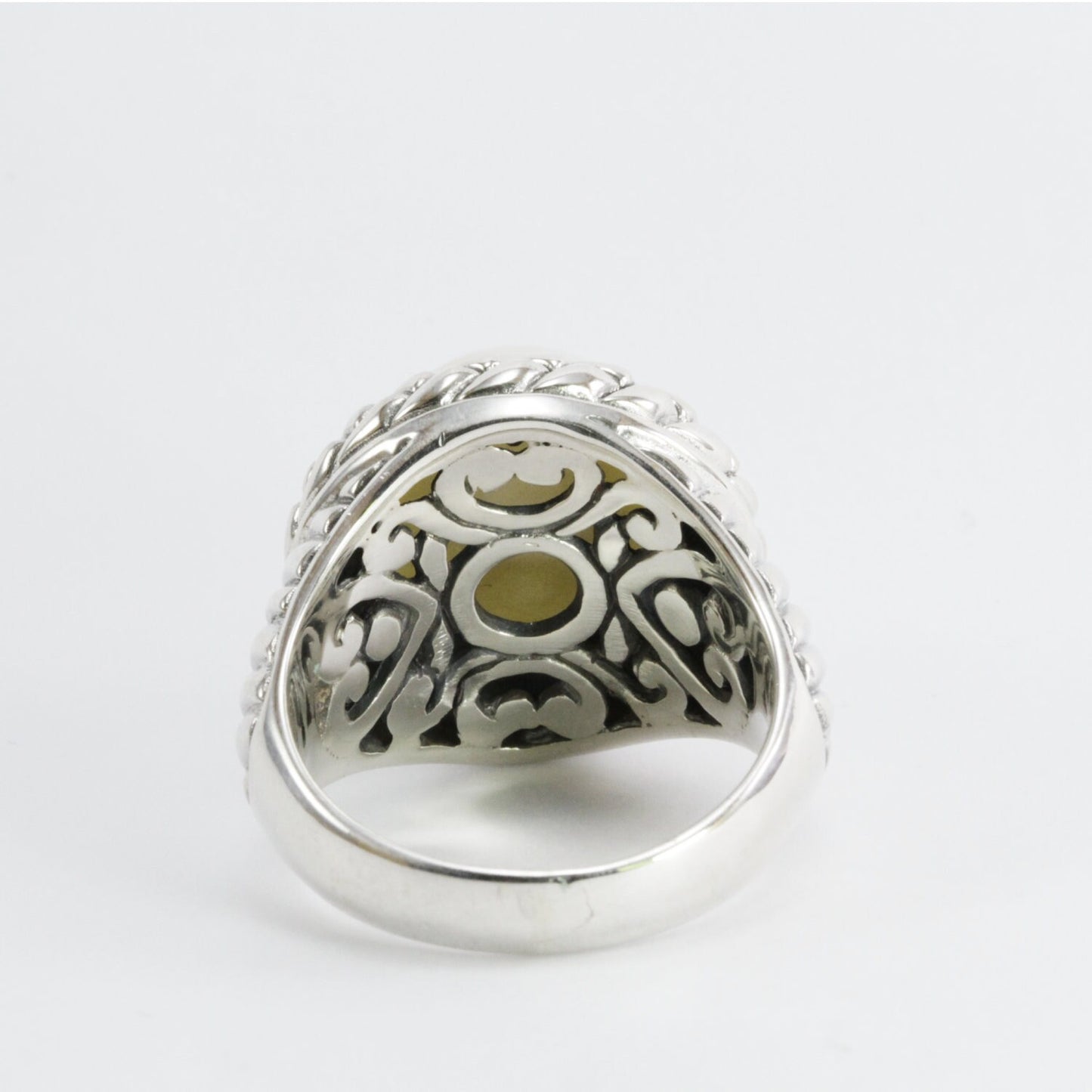 Bali Handmade ring 925 sterling silver with bezel set genuine 13 mm white mabe pearl decorated with beautiful woven art carving