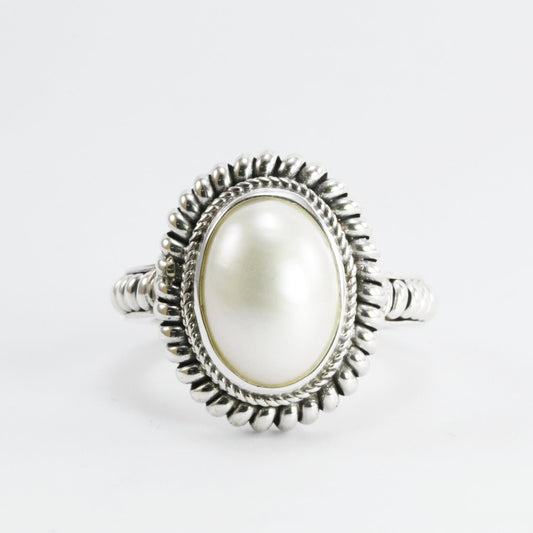 Handmade woven Cable ring design in 925 sterling silver with genuine white  Pacific Ocean mabe pearl, 10*14 MM oval white mabe pearl ring,