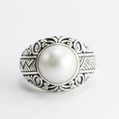 Genuine round mabe pearl ring set in 925 sterling silver decorated with Handmade filigree woven art, 12 mm round mabe pearl wide band ring