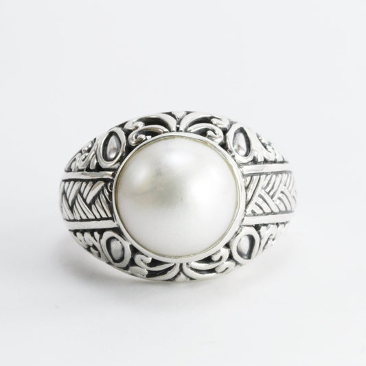 Genuine round mabe pearl ring set in 925 sterling silver decorated with Handmade filigree woven art, 12 mm round mabe pearl wide band ring