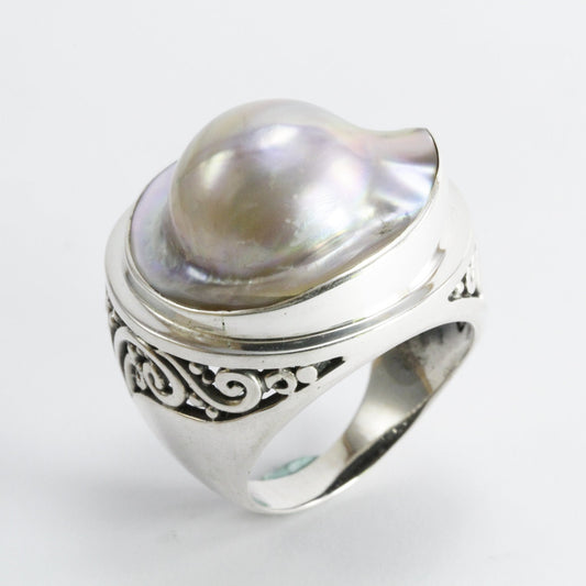 Handmade ring 925 sterling silver with very RARE 20 mm genuine BLISTER mabe pearl decorated with bali filigree, large blister pearl ring