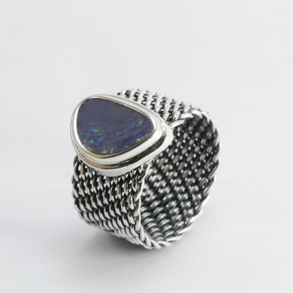 Handmade woven chain ring in 925 sterling silver with natural Australian Opal, Genuine fire Opal Ring