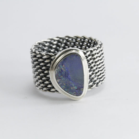 Handmade woven chain ring in 925 sterling silver with natural Australian Opal, Genuine fire Opal Ring