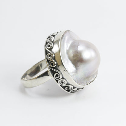 RARE 20 mm genuine BLISTER mabe pearl set in Handmade ring 925 sterling silver swirl filigree edge style, large blister pearl ring bezel set