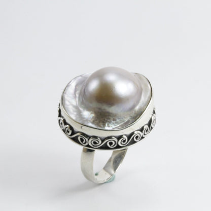 RARE 20 mm genuine BLISTER mabe pearl set in Handmade ring 925 sterling silver swirl filigree edge style, large blister pearl ring bezel set