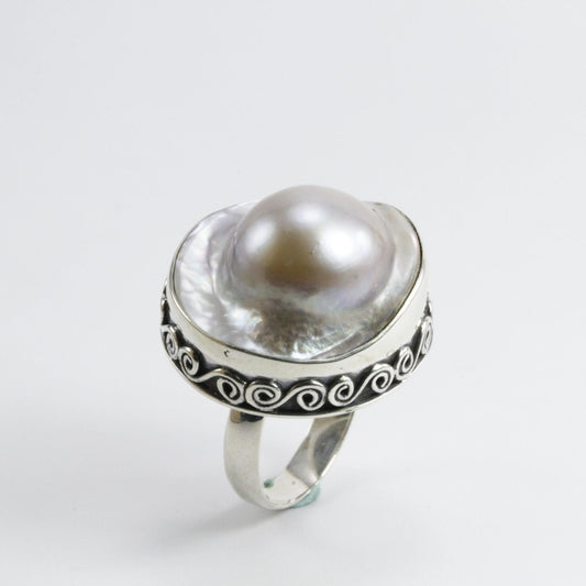 RARE 20 mm genuine BLISTER mabe pearl set in Handmade ring 925 sterling silver swirl filigree edge style, large blister pearl ring bezel set