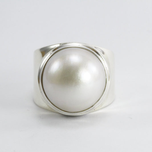 Beautiful Handmade wide band ring design in 925 sterling silver with genuine white  Pacific Ocean mabe pearl, 14 MM white mabe pearl ring,