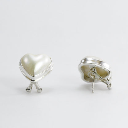 Lovely Heart Shape 14*14 mm white mabe south sea pearl OMEGA stud earrings set in 925 sterling silver ear studs with omega lock