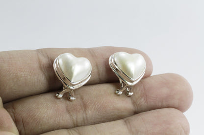 Lovely Heart Shape 14*14 mm white mabe south sea pearl OMEGA stud earrings set in 925 sterling silver ear studs with omega lock