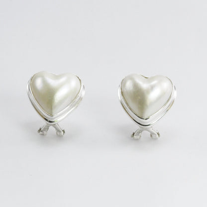 Lovely Heart Shape 14*14 mm white mabe south sea pearl OMEGA stud earrings set in 925 sterling silver ear studs with omega lock