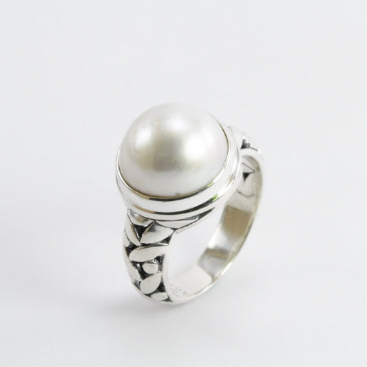 white mabe pearl ring 925 sterling silver decorated with padi rice carving, 12 mm round mabe pearl ring