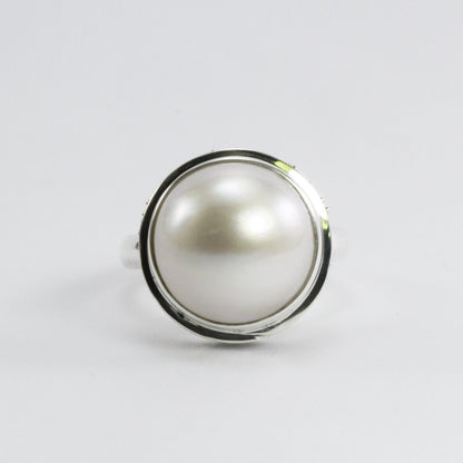 Genuine Round mabe pearl ring set in 925 sterling silver caviar dot carving