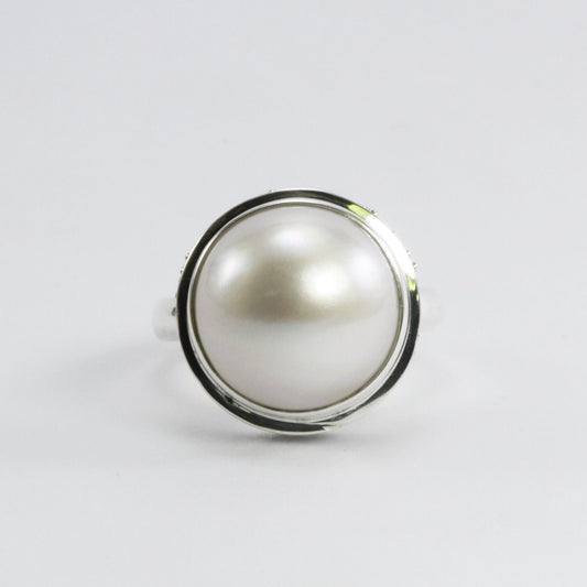 Genuine Round mabe pearl ring set in 925 sterling silver caviar dot carving
