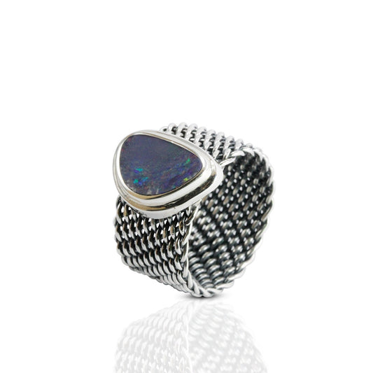 Handmade woven chain ring in 925 sterling silver with natural Australian Opal, Genuine fire Opal Ring