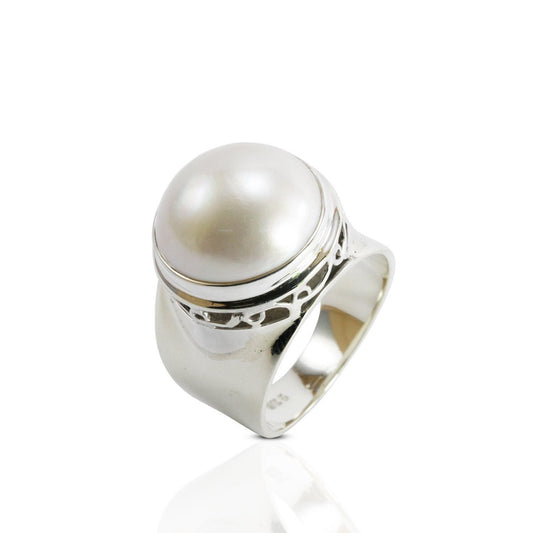 Beautiful Handmade wide band ring design in 925 sterling silver with genuine white  Pacific Ocean mabe pearl, 14 MM white mabe pearl ring,