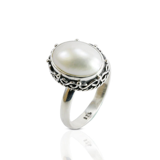 Bali Handmade crown ring design in 925 sterling silver with genuine oval 10*14 mm white mabe pearl, oval oearl ring