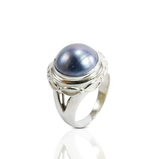 Bali Handmade split shank ring design in 925 sterling silver with genuine BLUE mabe pearl, BLUE mabe pearl ring,