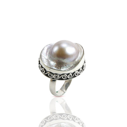 RARE 20 mm genuine BLISTER mabe pearl set in Handmade ring 925 sterling silver swirl filigree edge style, large blister pearl ring bezel set