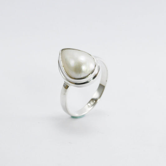 Handmade ring design 925 sterling silver with genuine tear drop shape cultured white mabe pearl, pear shape white mabe pearl ring,